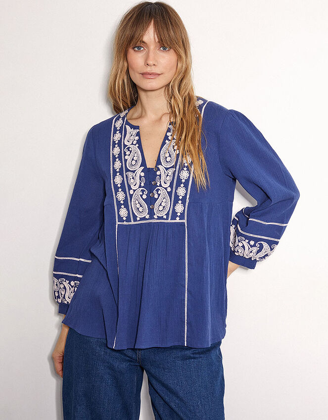 East Circe Paisley Embroidered Blouse, Blue (NAVY), large