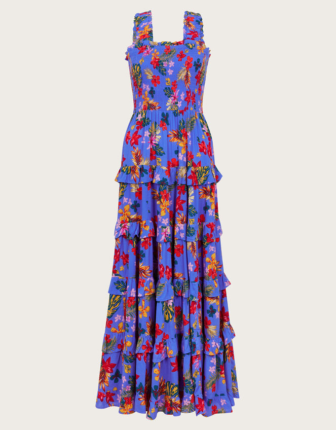 Miley Floral Smocked Ruffle Maxi Dress, Blue (BLUE), large