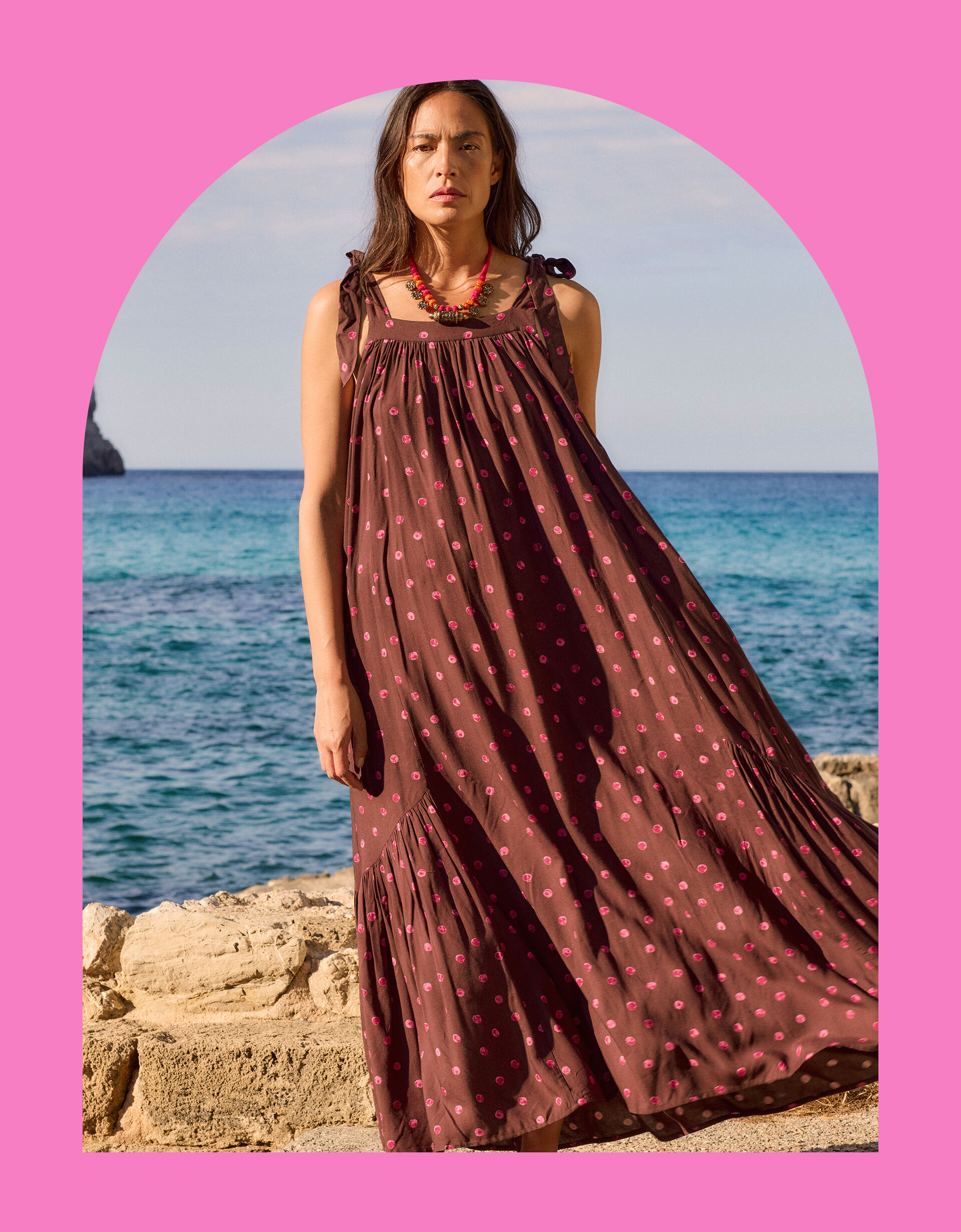East Paola Sleeveless Polka Dot Maxi Dress Brown