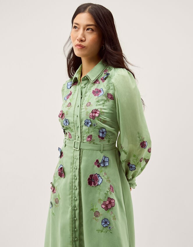 Orla Floral Embroidered Midi Shirt Dress, Green (GREEN), large