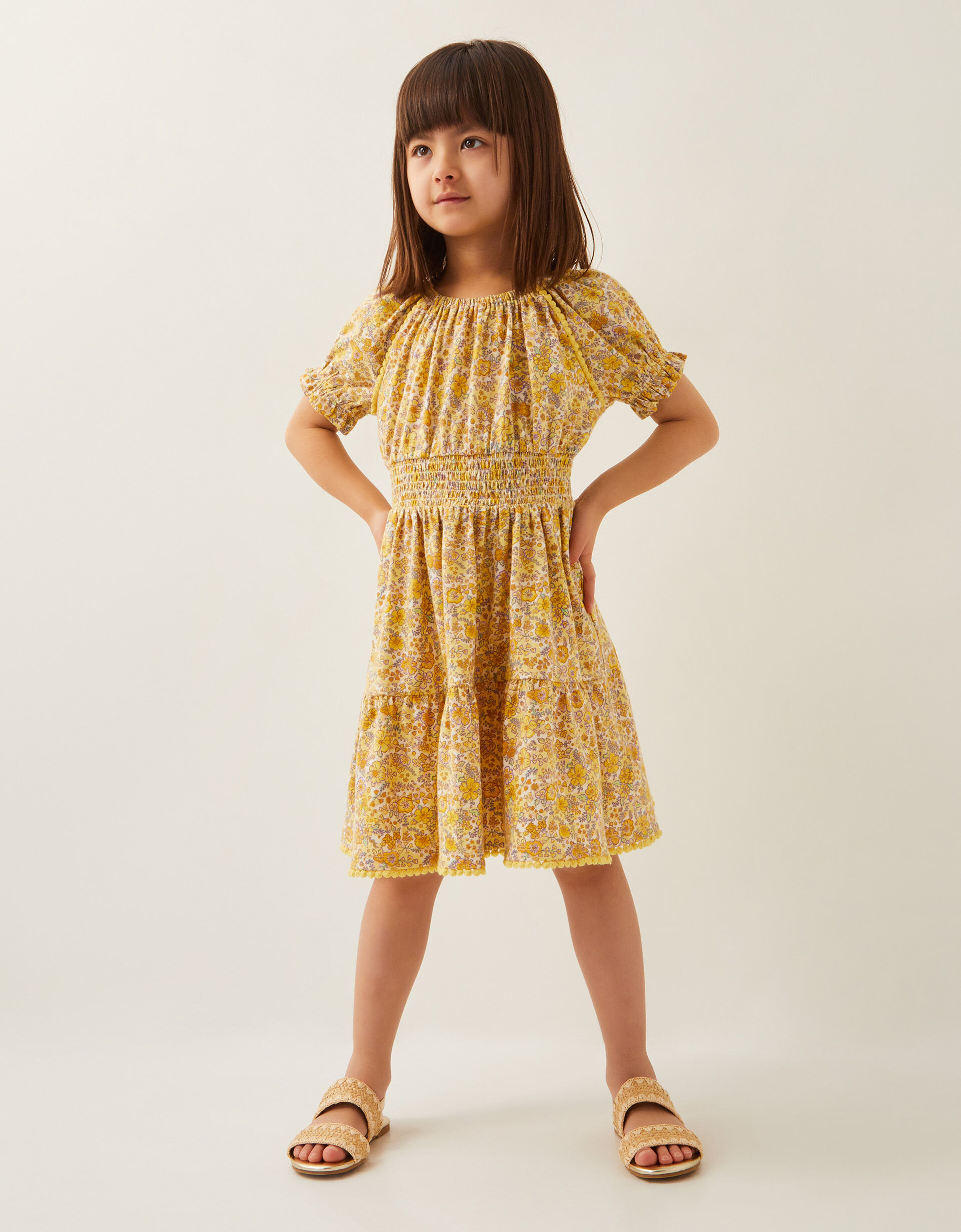 Floral Puff Sleeve Jersey Dress Yellow