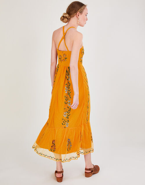 Harlow Halter Embroidered Dress, Yellow (OCHRE), large