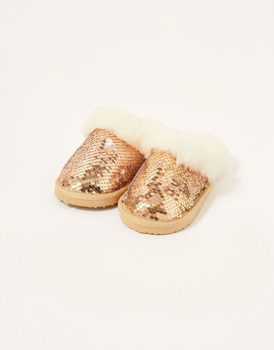 Sequin Fluffy Slippers Gold, Gold (ROSE GOLD), large