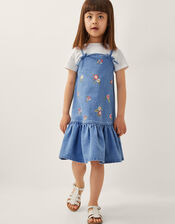 Floral Denim Dress and T-Shirt Set, Blue (BLUE), large