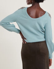 Embellished Shoulder Scoop Neck Jumper, Teal (DUCK EGG), large