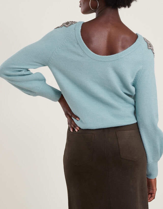 Embellished Shoulder Scoop Neck Jumper, Teal (DUCK EGG), large