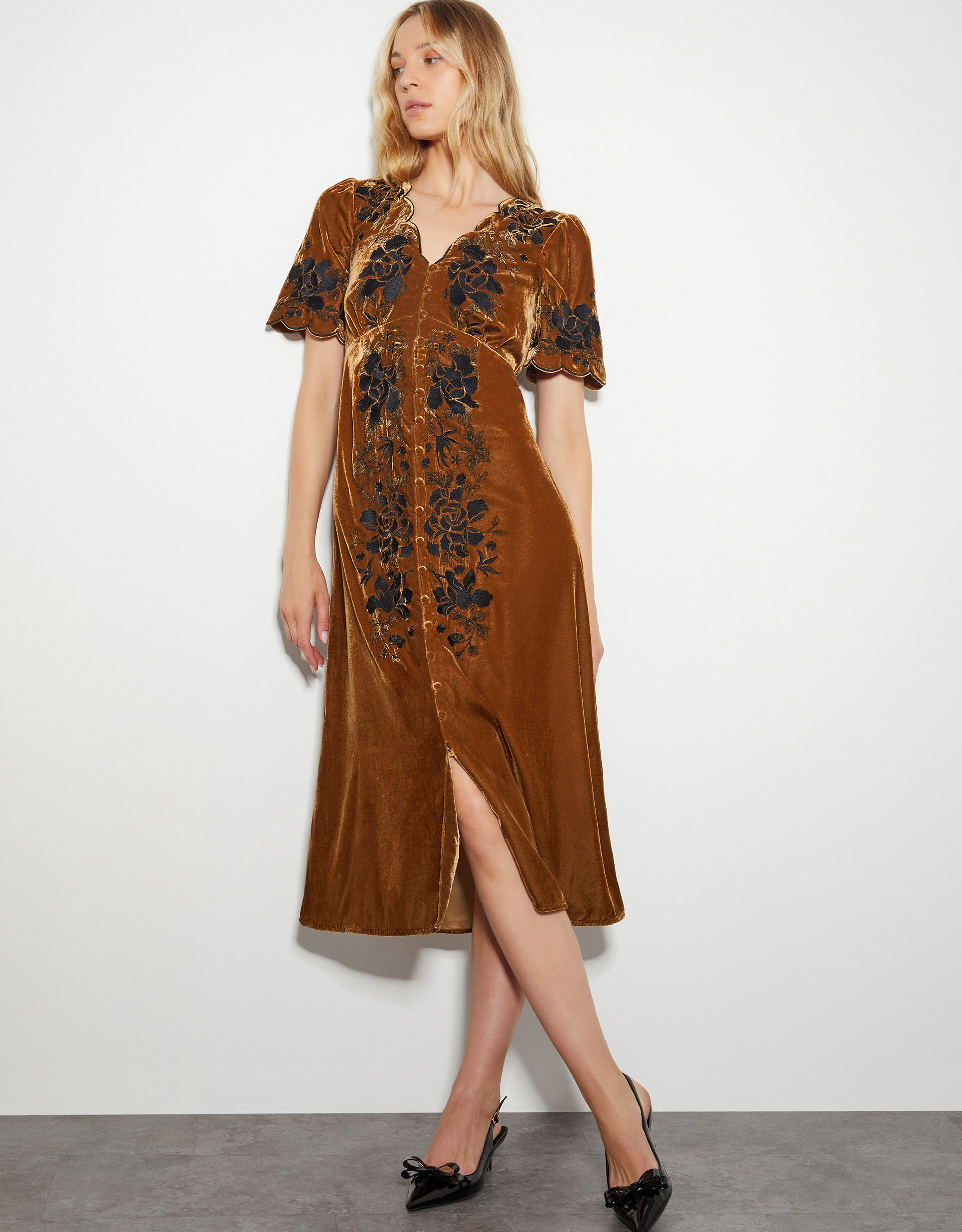Cleo Embroidered Velvet Dress Copper Day Dresses Monsoon UK