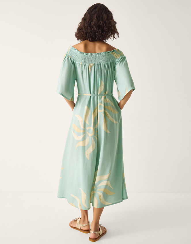 Tashie Sun Print Bardot Midi Dress, Blue (AQUA), large