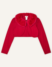 Super-Soft Faux Fur Collar Cardigan, Red (RED), large