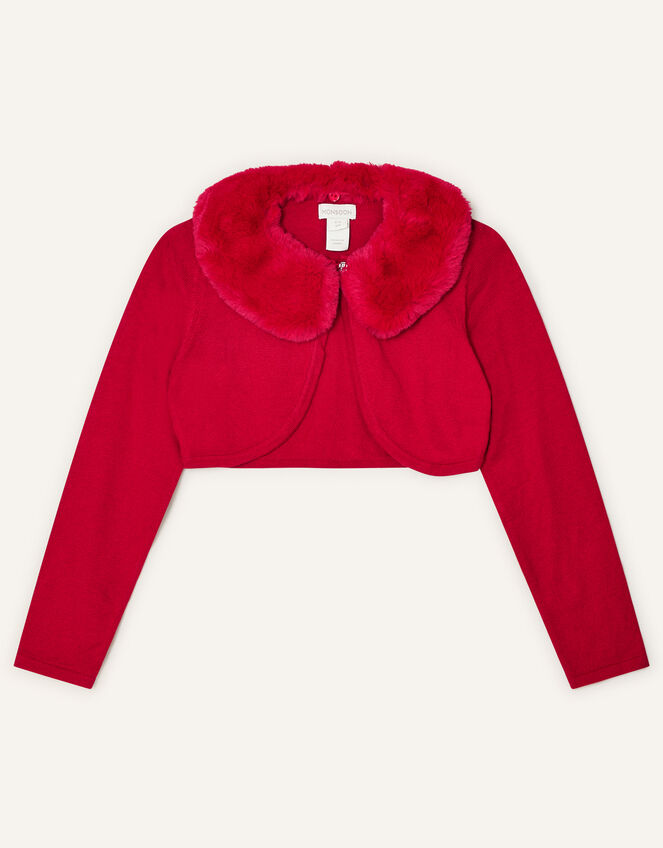 Super-Soft Faux Fur Collar Cardigan, Red (RED), large