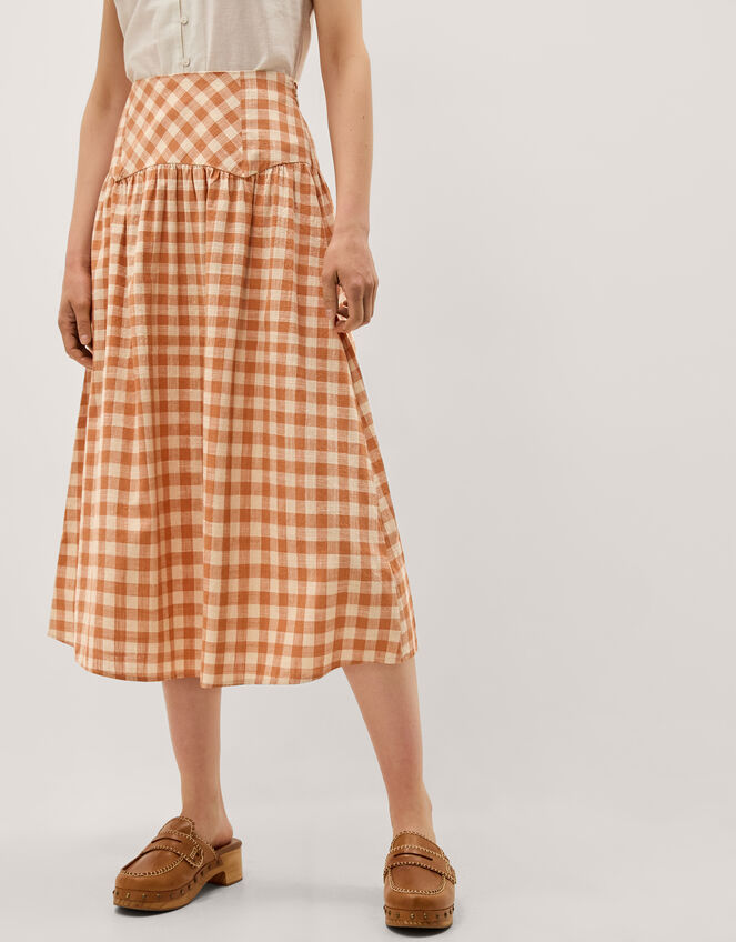 Hattie Gingham Midi Skirt, Orange (CORAL), large