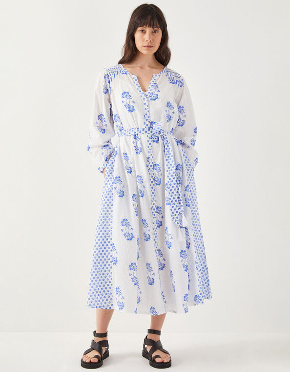 East Amber Hand-Screen Floral Print Midi Dress, Ivory (IVORY), large