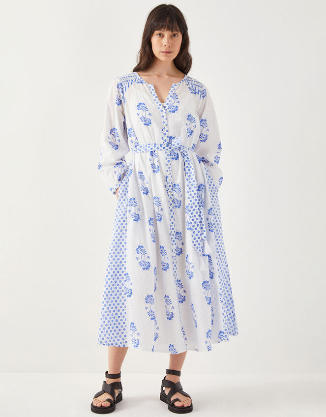 East Amber Hand-Screen Floral Print Midi Dress, Ivory (IVORY), large