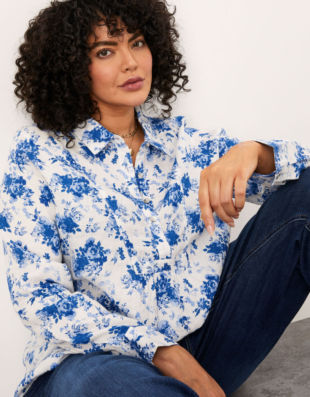 Women Women's Clothing | Floral Print Linen Shirt Blue - BZ66653