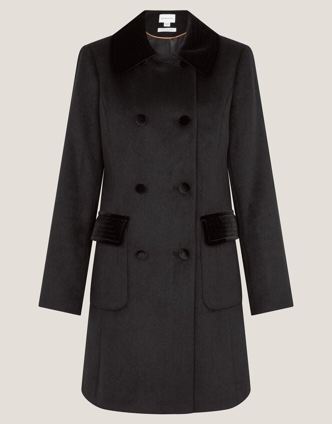 Lottie Velvet Trim Double Breasted Coat, Black (BLACK), large
