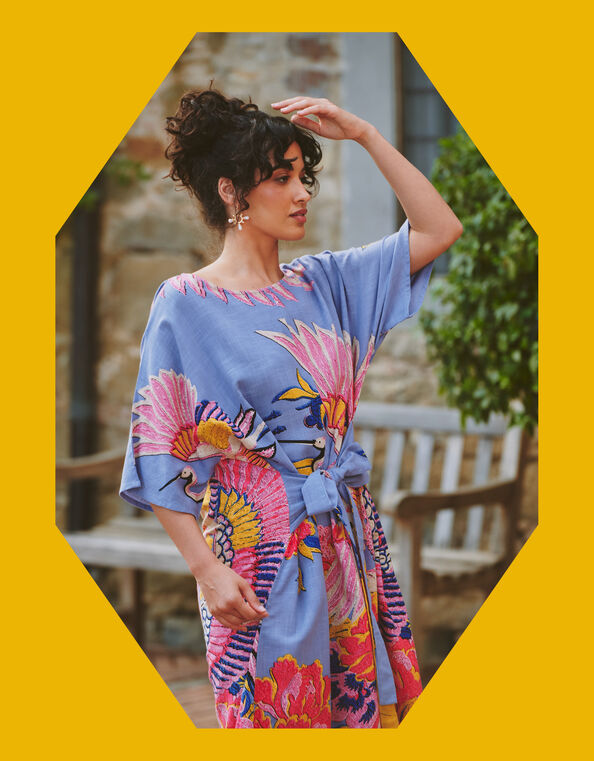 One Hundred Stars Obi Crane Print Midi Dress, Blue (LIGHT BLUE), large