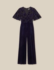 Nadine Floral Devor&eacute; Velvet Jumpsuit, Blue (NAVY), large