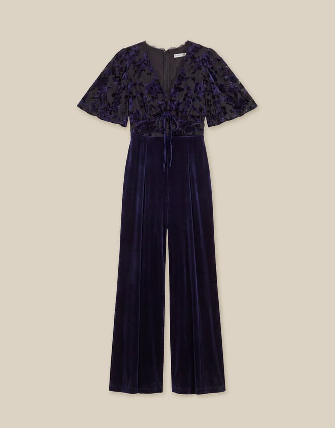 Nadine Floral Devor&eacute; Velvet Jumpsuit, Blue (NAVY), large