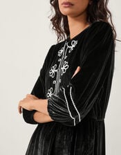 Venus Embroidered Stretch Velvet Midi Dress, Black (BLACK), large