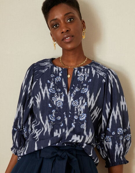 Premium Ikat Print Embroidered Top Blue, Blue (NAVY), large