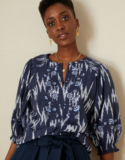 Premium Ikat Print Embroidered Top, Blue (NAVY), large