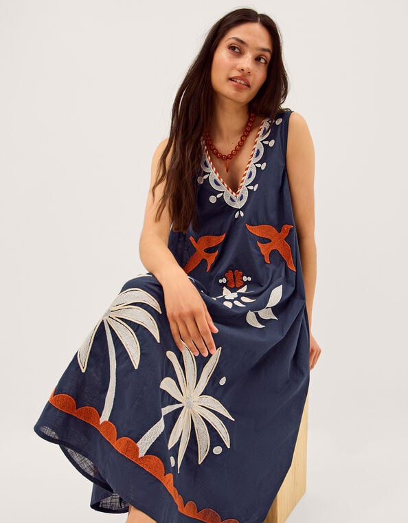 Eloise Tropical Embroidered Midi Dress, Blue (NAVY), large