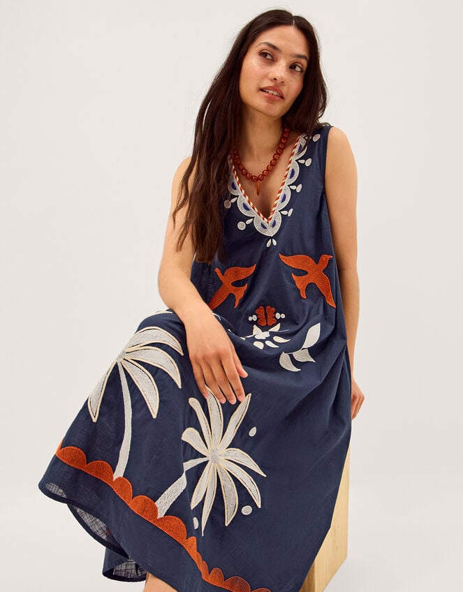 Eloise Tropical Embroidered Midi Dress, Blue (NAVY), large