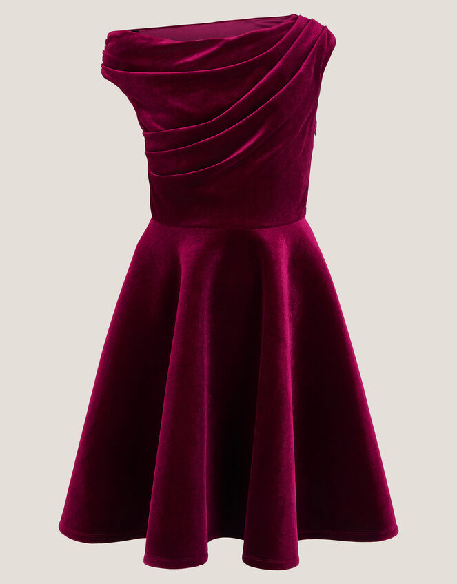 One Shoulder Drape Velvet Party Dess, Red (RED), large