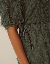 Felicity Short Sleeve Textured Fringe Midi Dress, Green (DARK GREEN), large