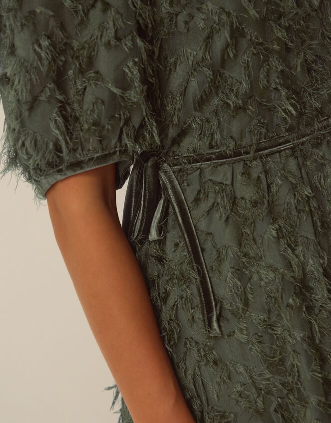 Felicity Short Sleeve Textured Fringe Midi Dress, Green (DARK GREEN), large