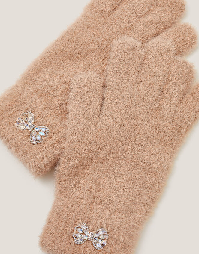 Jewel Bow Fuzzy Gloves, Camel (CAMEL), large