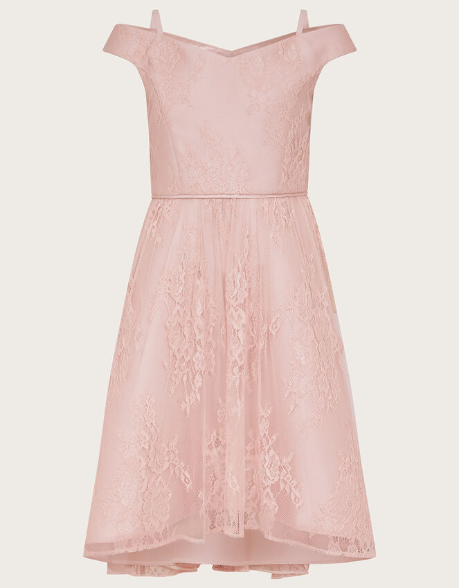 Lace Bardot Prom Dress, Pink (DUSKY PINK), large
