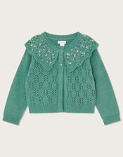 Pointelle Sequin Collar Cardigan, Green (GREEN), large