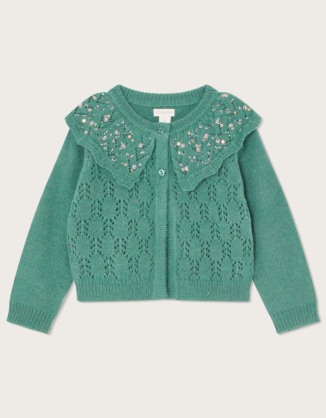 Pointelle Sequin Collar Cardigan, Green (GREEN), large
