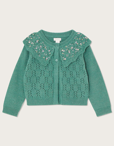 Pointelle Sequin Collar Cardigan, Green (GREEN), large