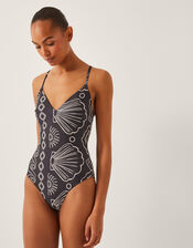 Macie Shell Print Swimsuit, Black (BLACK), large