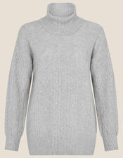 Cable Knit Cowl Neck Jumper, Grey (GREY), large