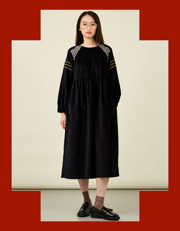 Tallulah and Hope Embroidered Velvet Midi Dress, Black (BLACK), large