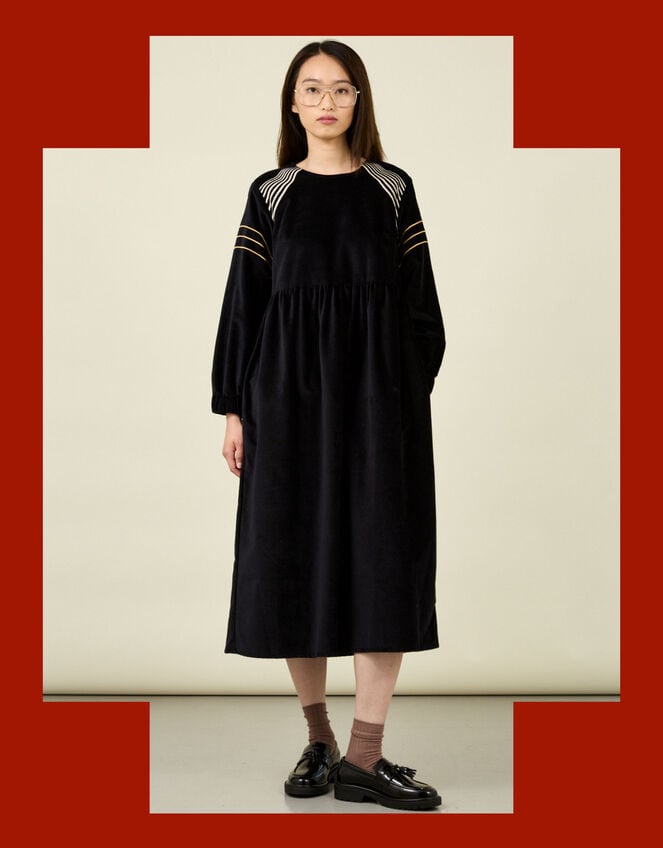 Tallulah and Hope Embroidered Velvet Midi Dress, Black (BLACK), large