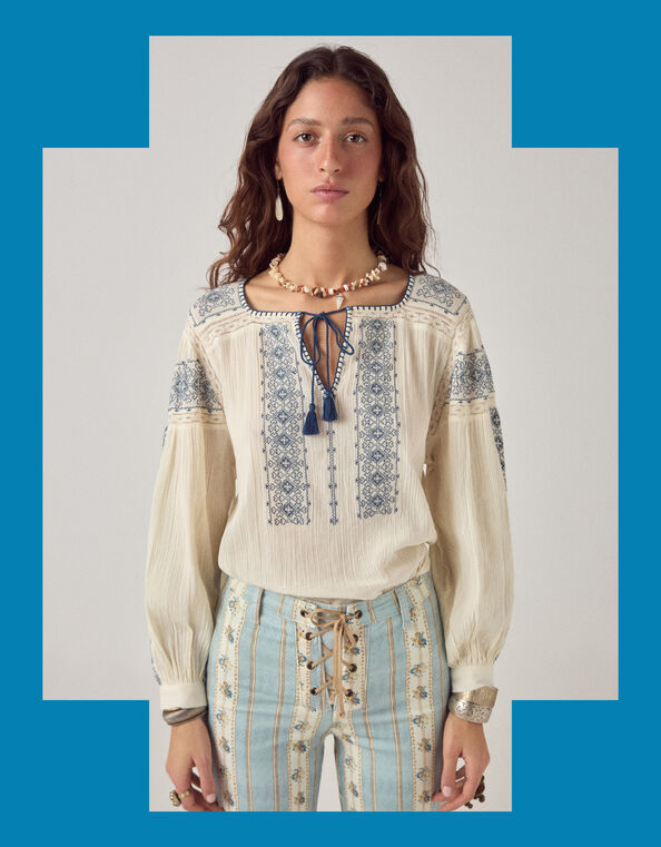 Maison Hotel Claudia Embroidered Blouse, Blue (NAVY), large