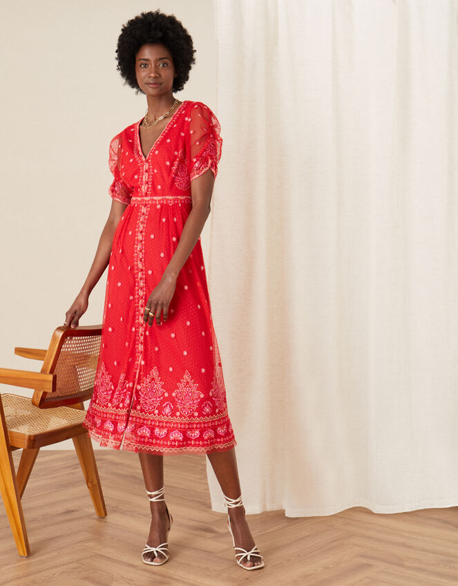 Danna Embroidered Mesh Midi Dress, Red (RED), large