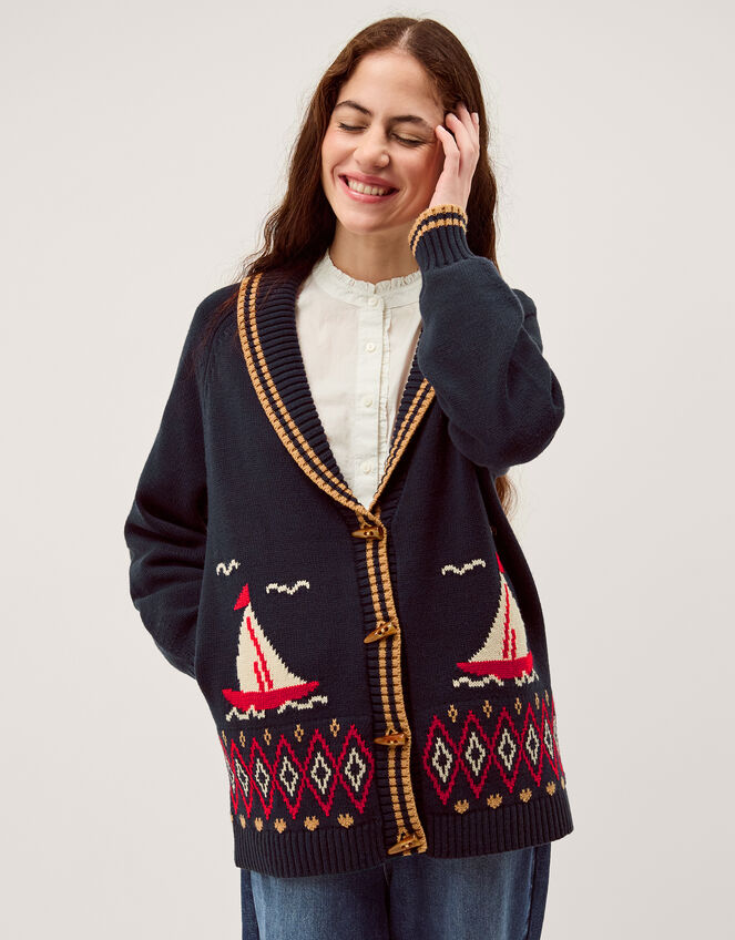 Sapna Intarsia Sailor Cardigan, Blue (NAVY), large