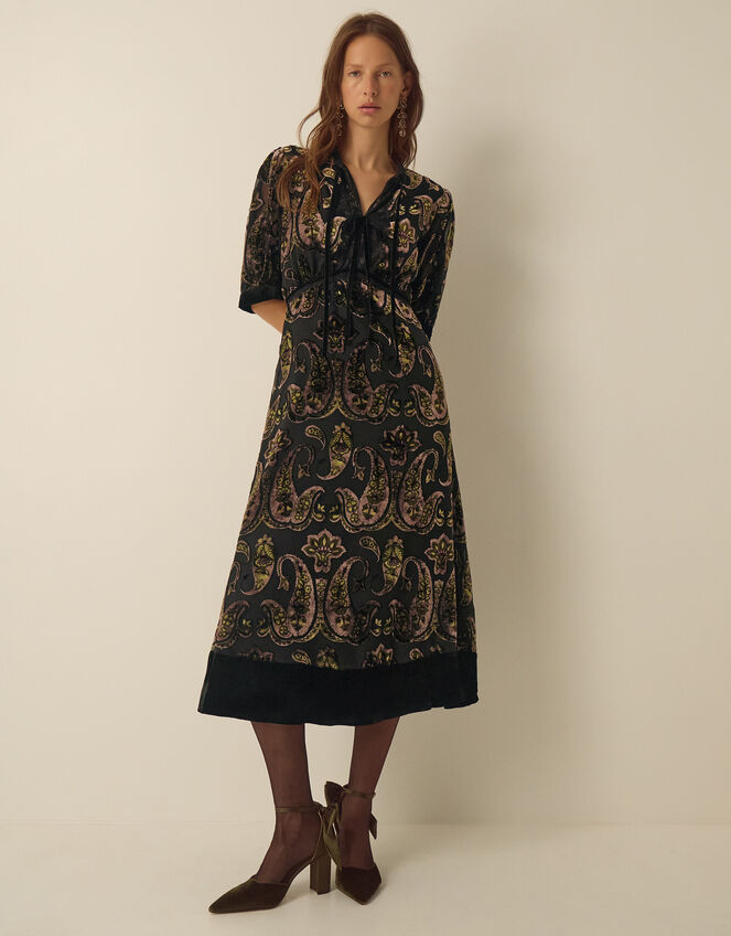 Jaz V-Neck Paisley Devor&eacute; Midi Dress, Green (OLIVE), large