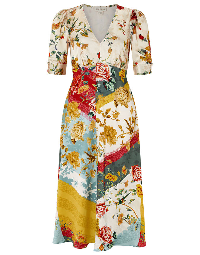 Oana Floral Satin Tea Dress, Ivory (IVORY), large