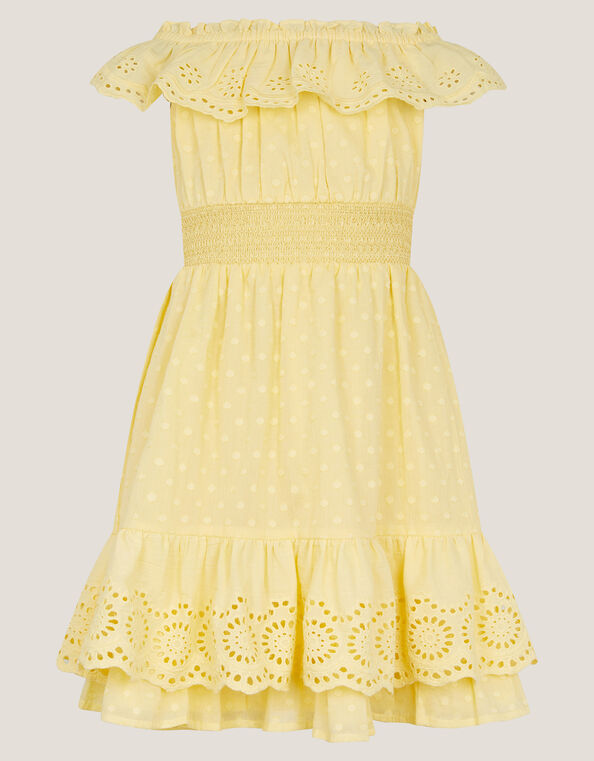 Broderie Bardot Dress, Yellow (YELLOW), large