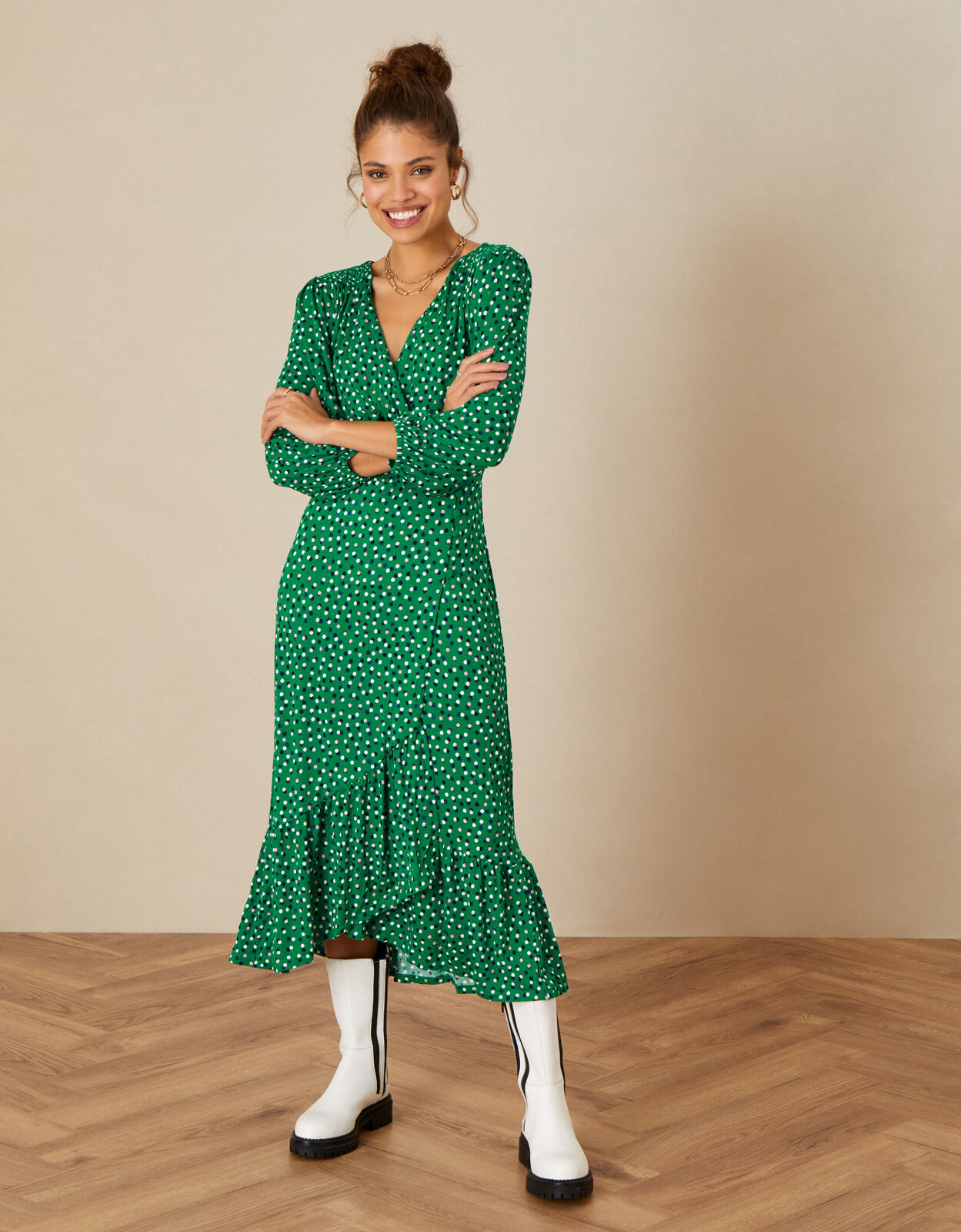 Polka Dot Jersey Dress Green