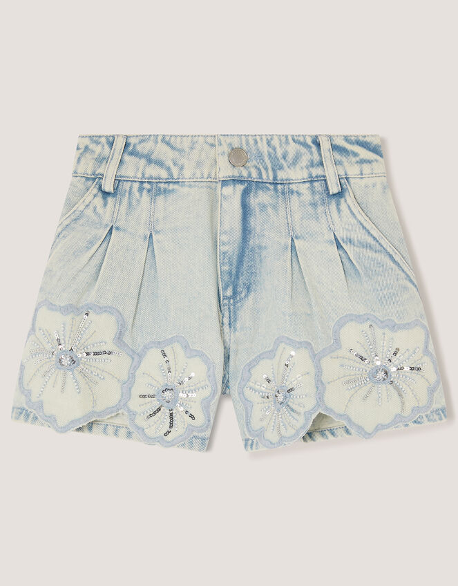Sequin Flower Denim Shorts , Blue (BLUE), large