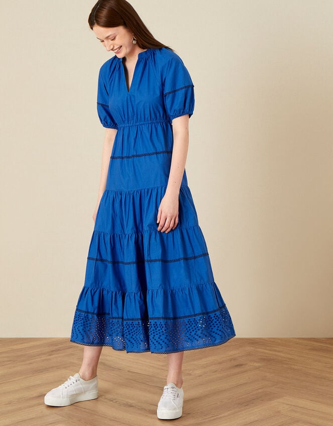 Tiered Midi Dress in Pure Cotton, Blue (COBALT), large
