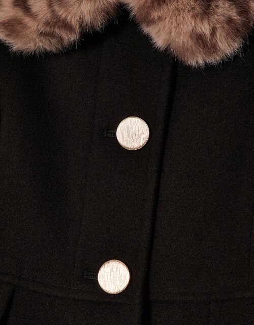 Leopard Print Collar Ruffle Hem Coat , Black (BLACK), large