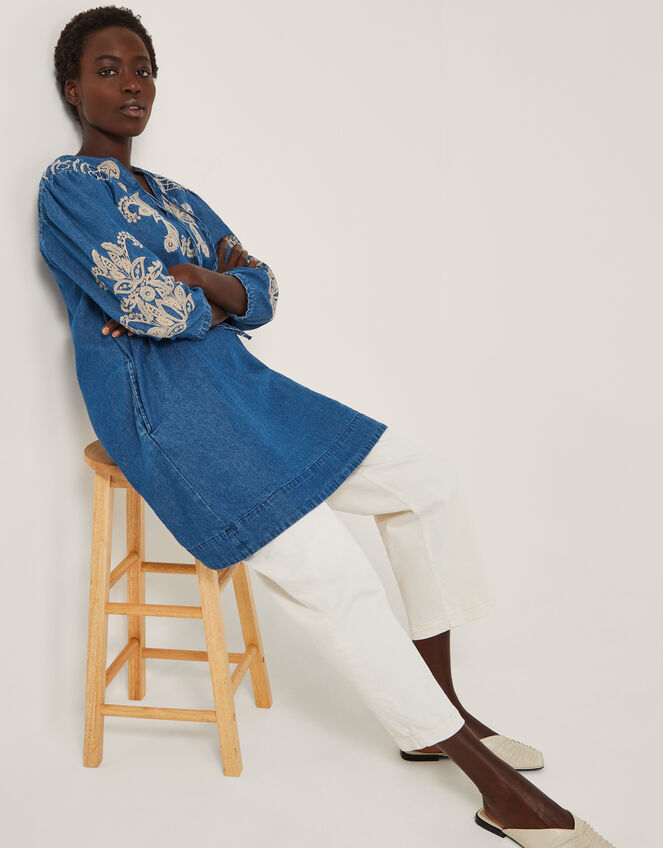 Holly Embroidered Denim Mini Dress, Blue (DENIM BLUE), large